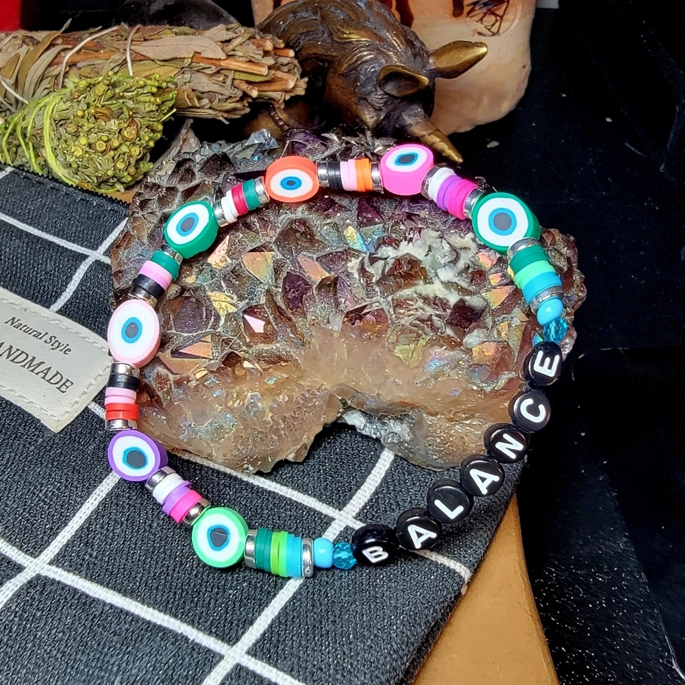 Balance Rainbow Evil Eye HANDMADE Beaded Word Bracelet